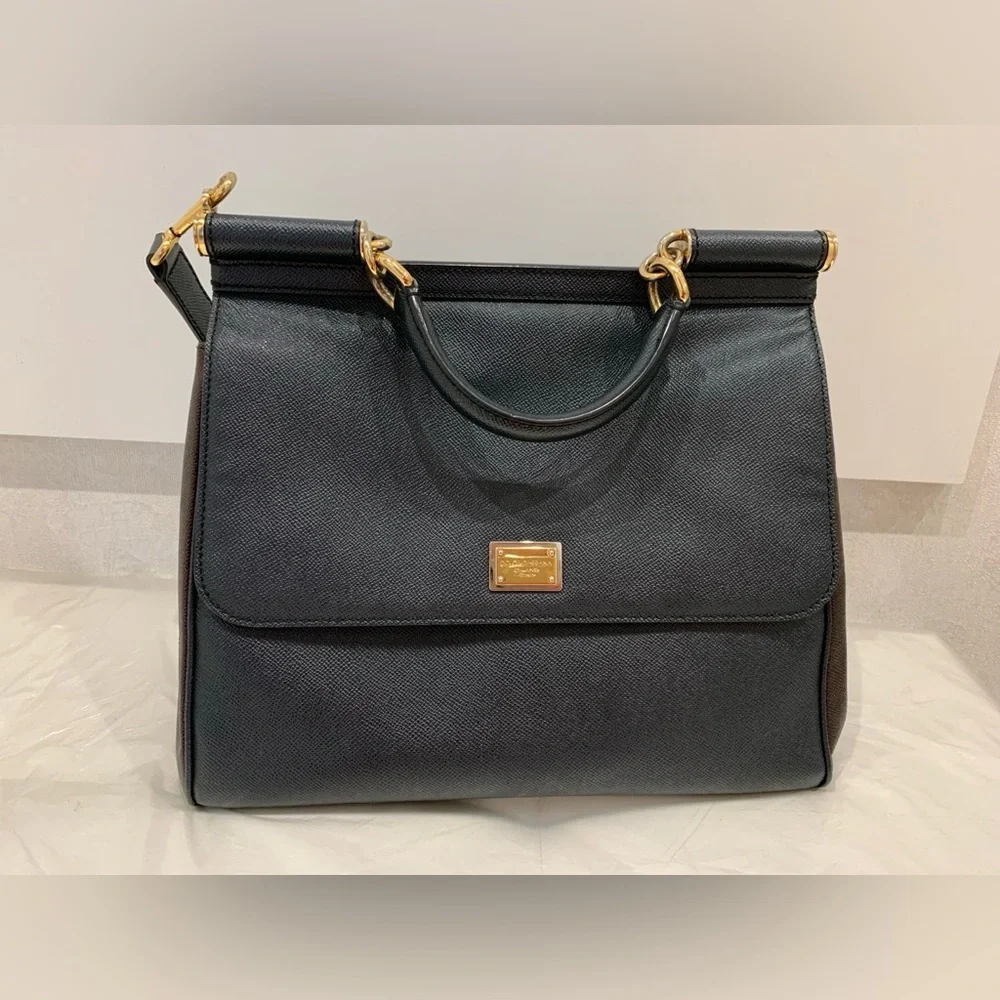 Dolce & Gabbana Black Leather Structured Top-Handle Satchel with Gold Plaque